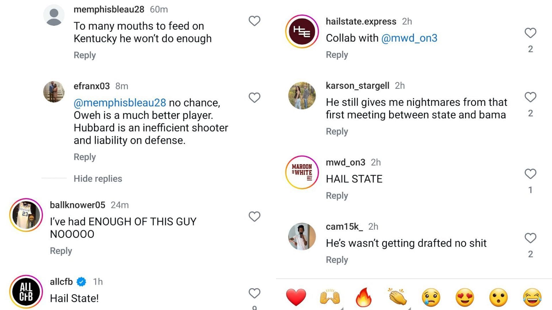 College hoops fans reacted to Josh Hubbard's decision to return to Mississippi State after withdrawing from the NBA draft. Source: Instagram/@tiptonedits